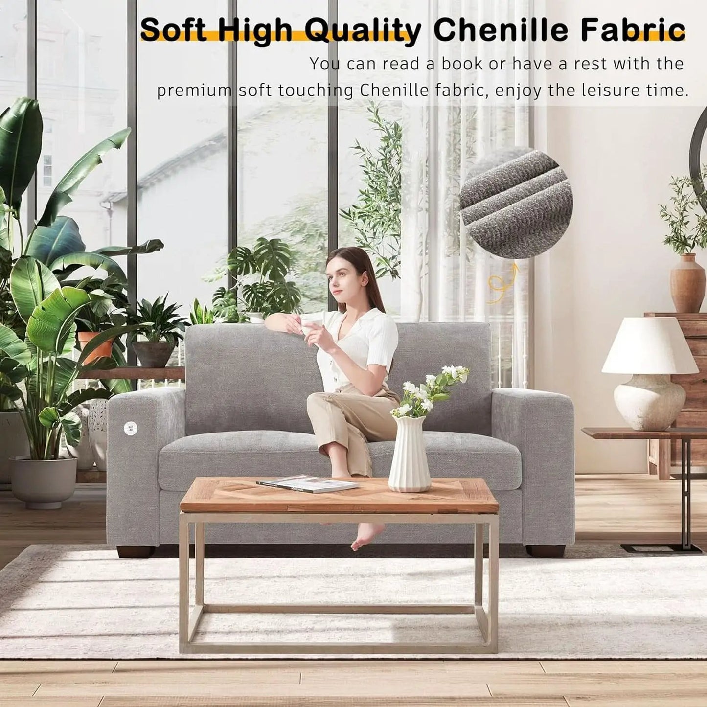 70 Inch Gray Chenille Loveseat With USB C Ports And Plush Cushions from PriceLows™