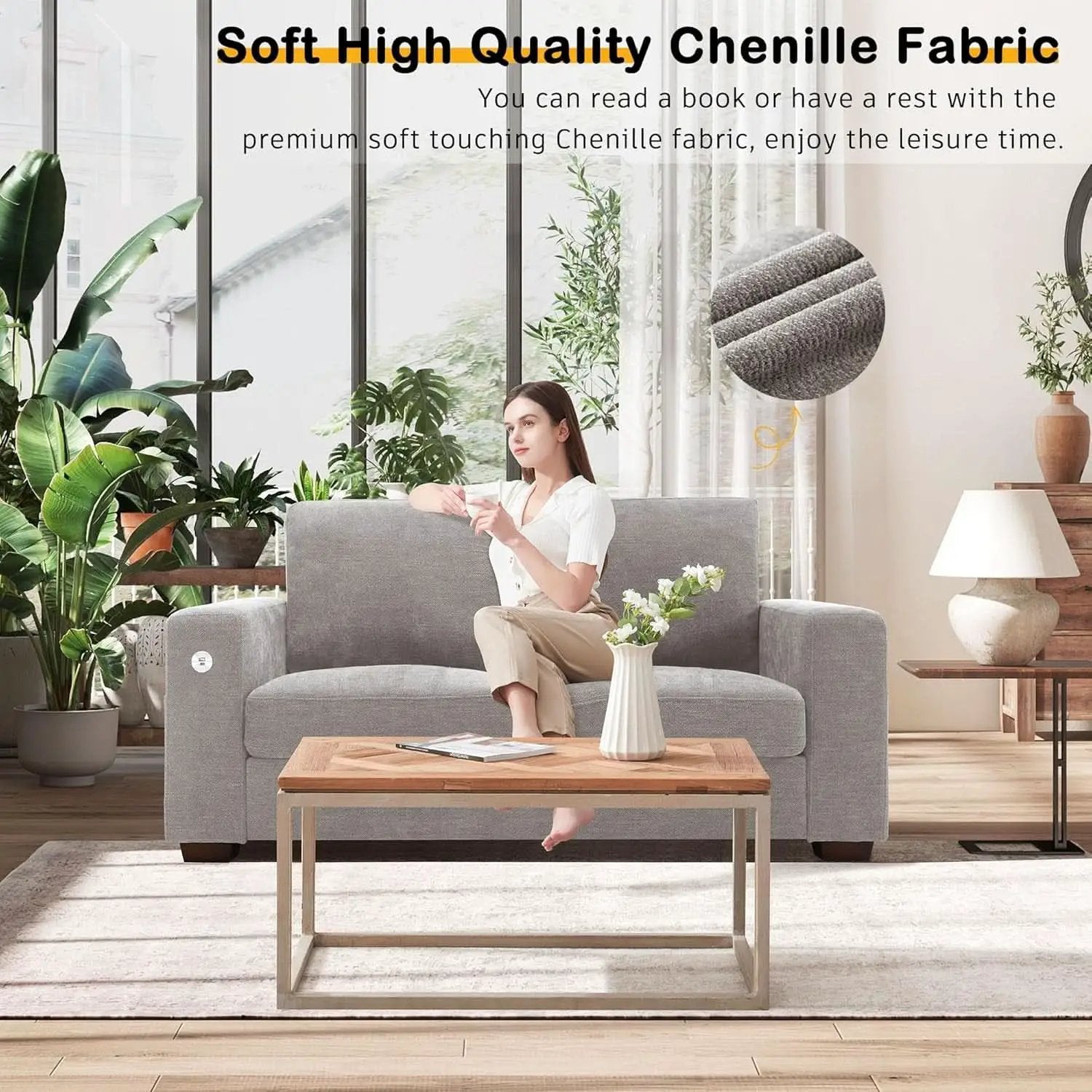 70 Inch Gray Chenille Loveseat With USB C Ports And Plush Cushions from PriceLows™