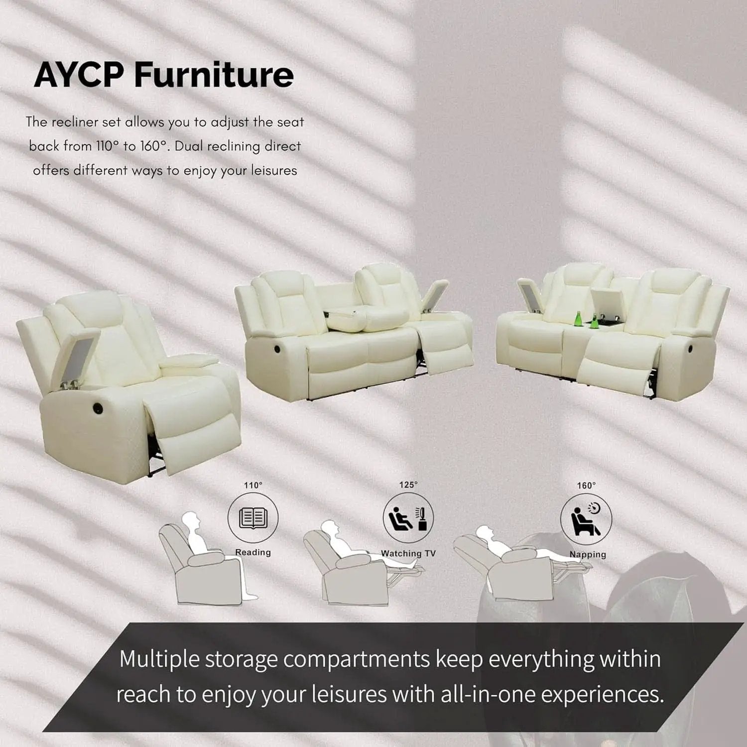 Power Recliner Set With LED Lights And USB Charging Ivory White from PriceLows™