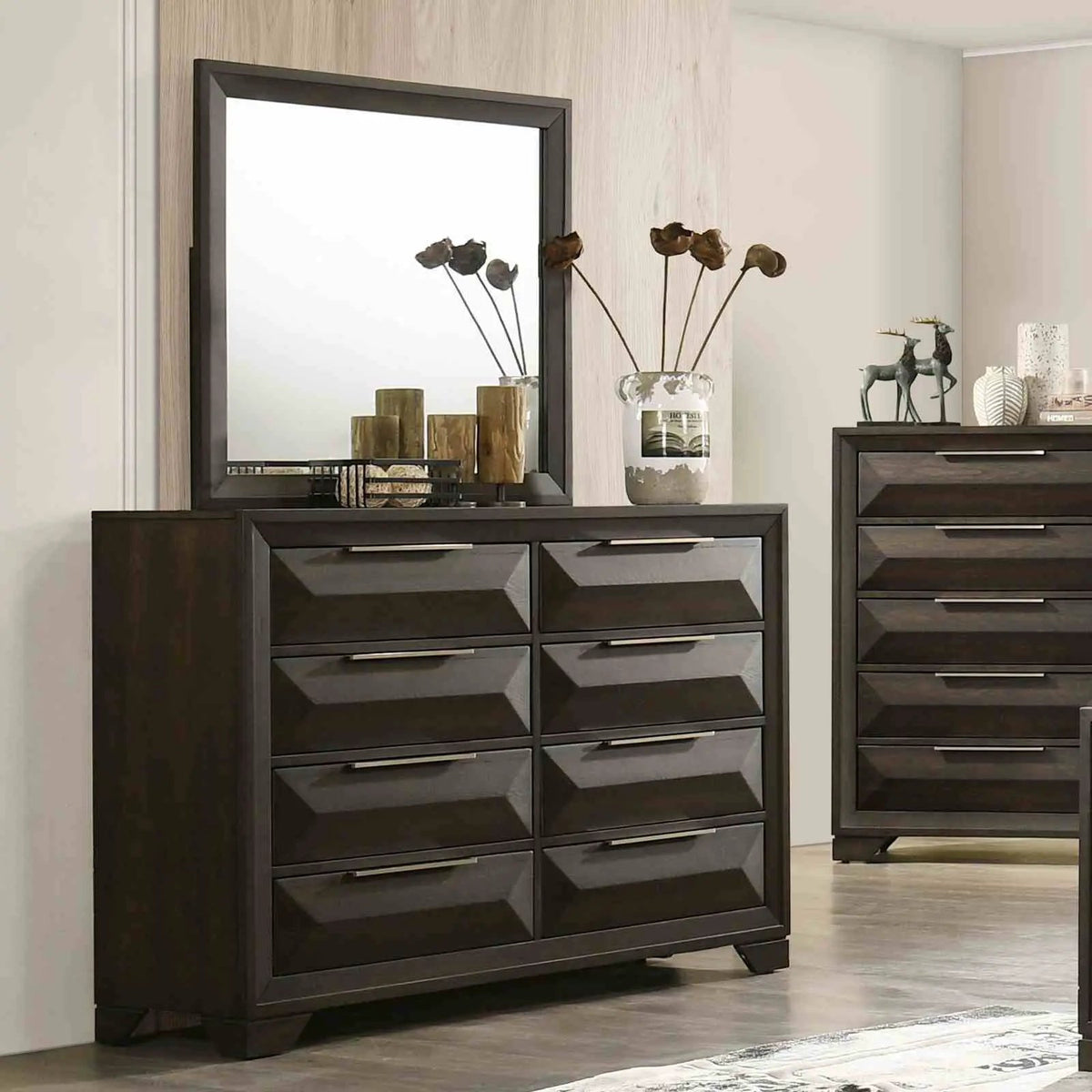 8 Drawer Dresser With Mirror | Espresso Finish | Beveled Bracket Feet | Transitional Style