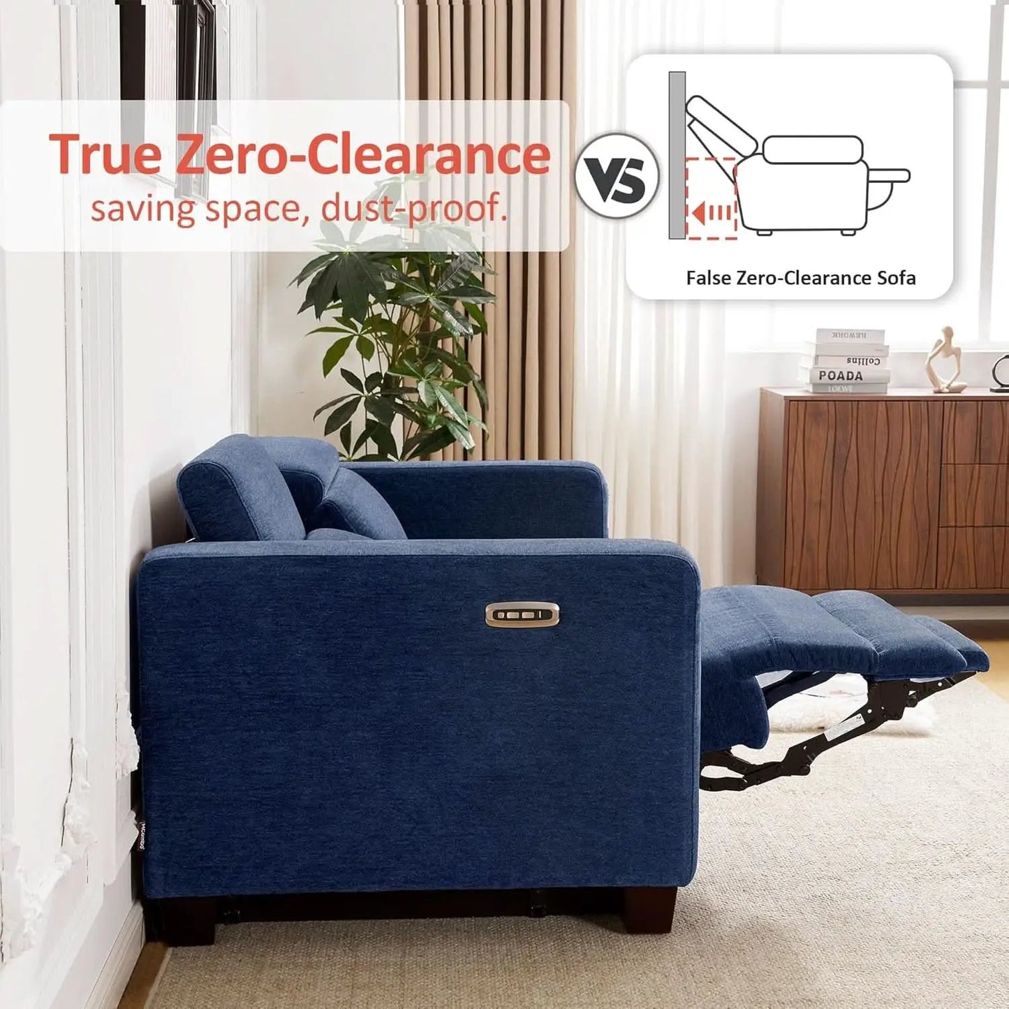 Navy Blue Zero Wall Hugger Power Reclining Sofa USB Ports from PriceLows™