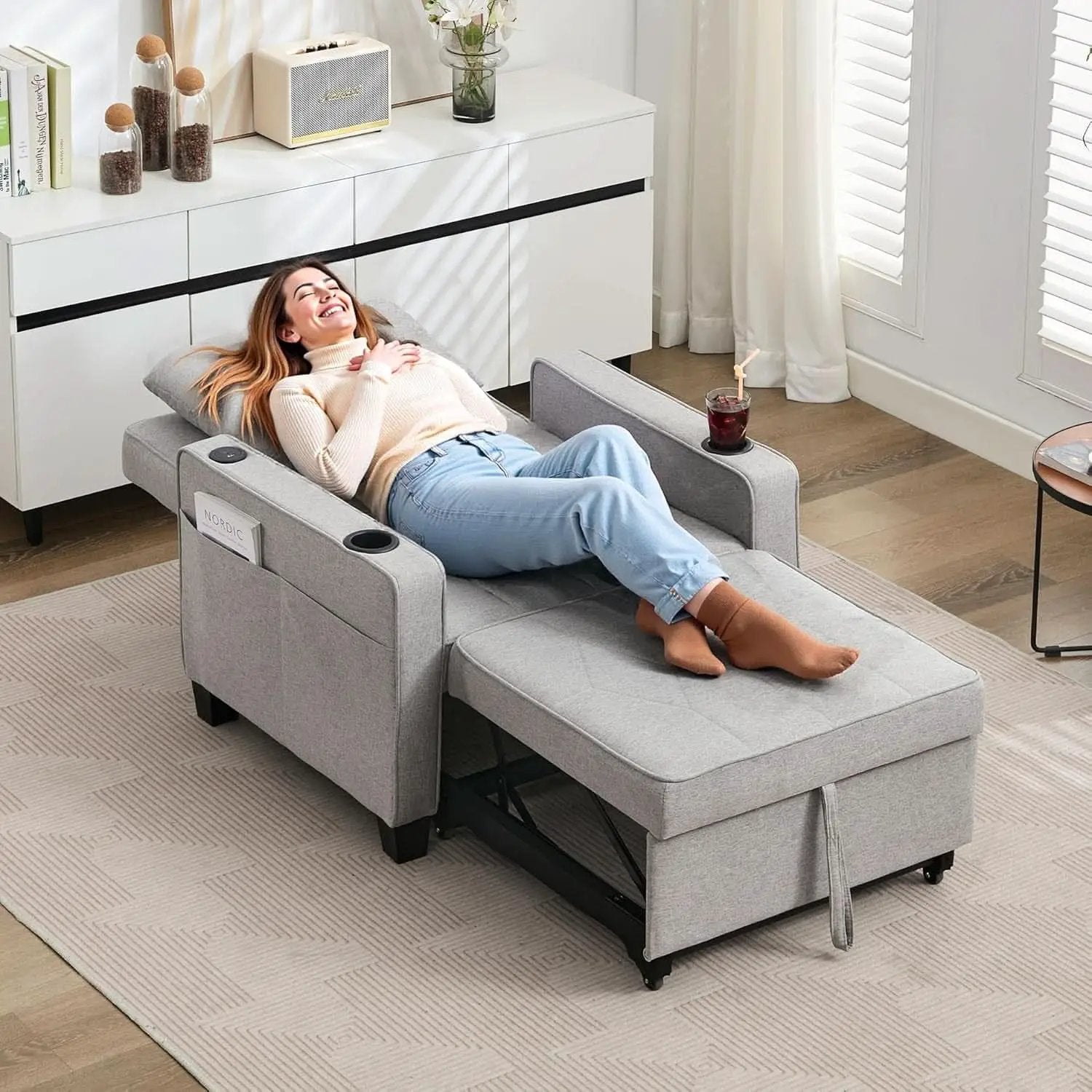 Charcoal Grey Convertible Sleeper Chair With USB Ports from PriceLows™
