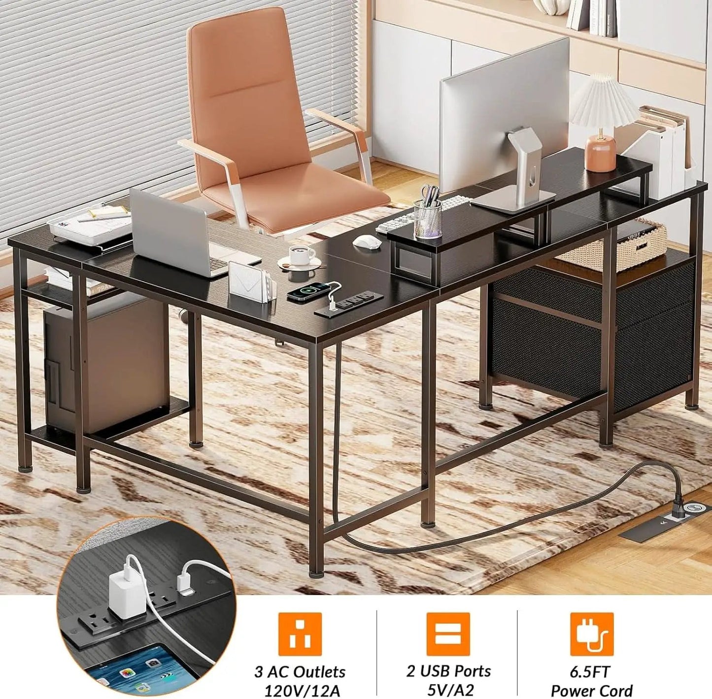 Fifty Nine Inch L Shaped Desk With Black Storage Drawers Unit from PriceLows™