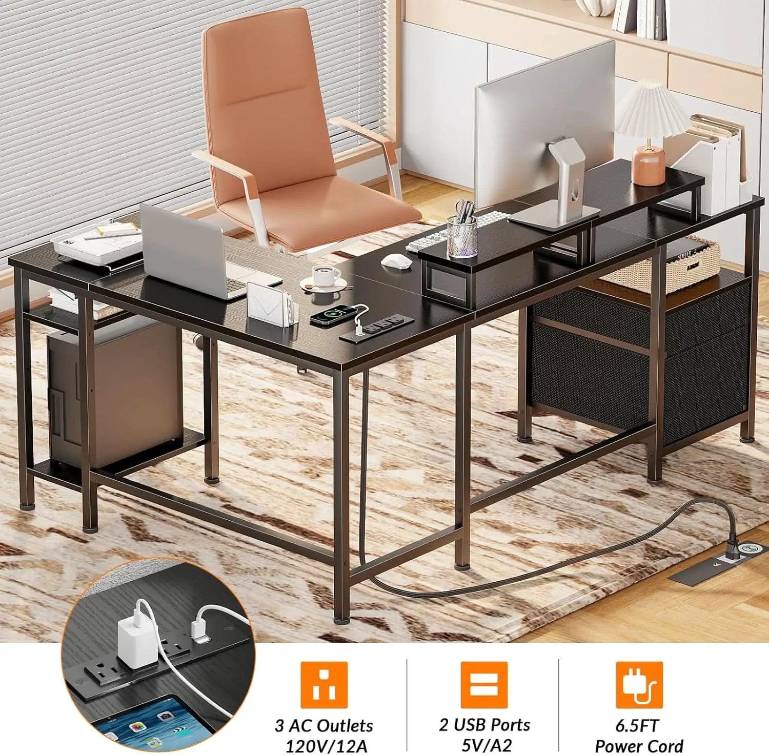 Fifty Nine Inch L Shaped Desk With Black Storage Drawers Unit from PriceLows™