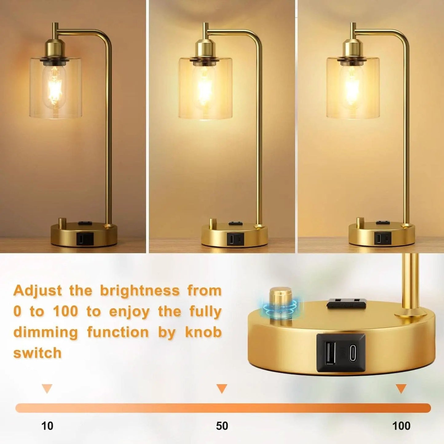 Industrial Dimmable Table Lamps Gold Finish With USB Ports from PriceLows™