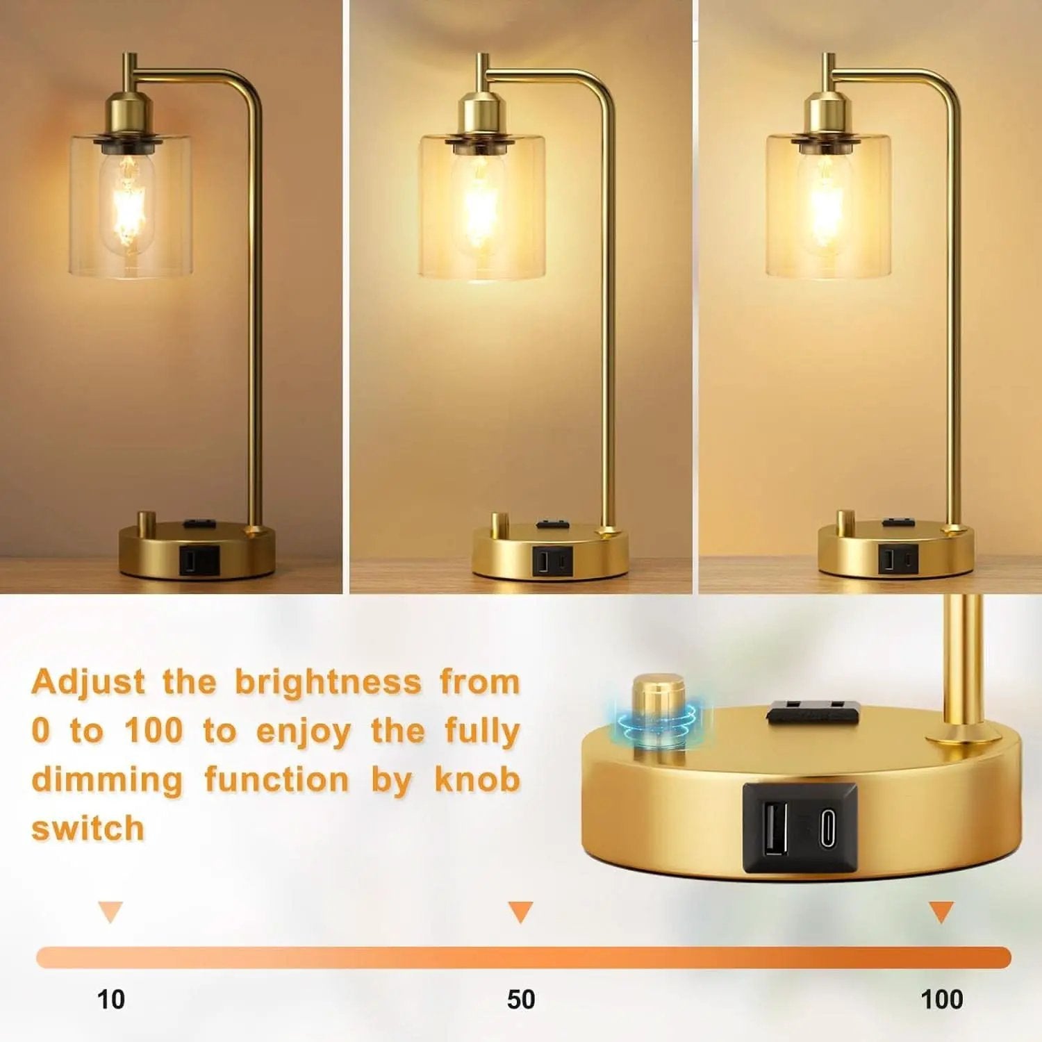 Industrial Dimmable Table Lamps Gold Finish With USB Ports from PriceLows™