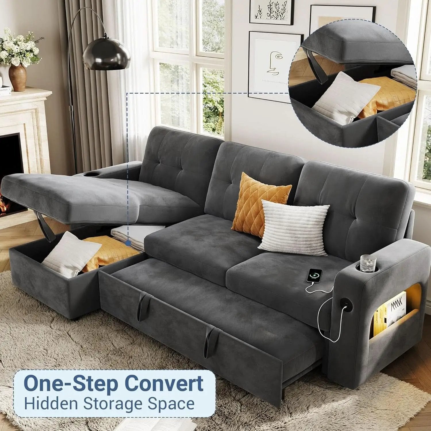84 Inch Sleeper Sofa Bed Dark Grey Velvet With LED Storage from PriceLows™