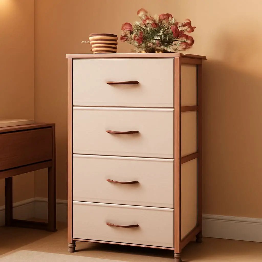 4 Drawer Pink Rose Gold Fabric Dresser With Wood Top from PriceLows™