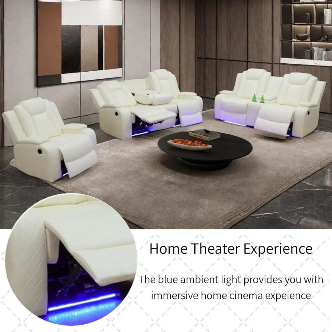 Power Recliner Set With LED Lights And USB Charging Ivory White from PriceLows™