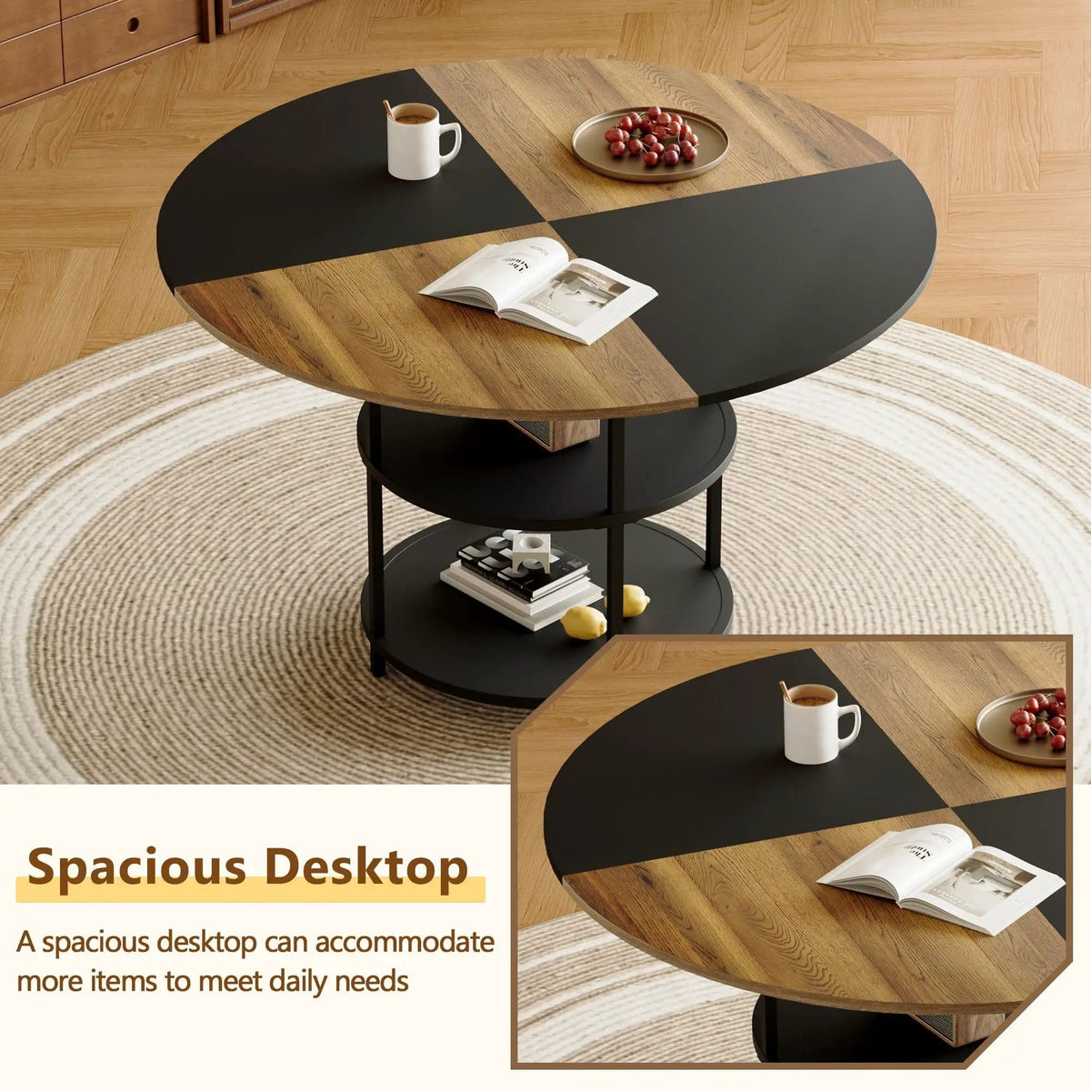 Diameter Modern Splicing Circular Dining Table Double Layer Storage | 47.3 x 47.3 x 29.7 in | Metal & Mdf | Wood / Black