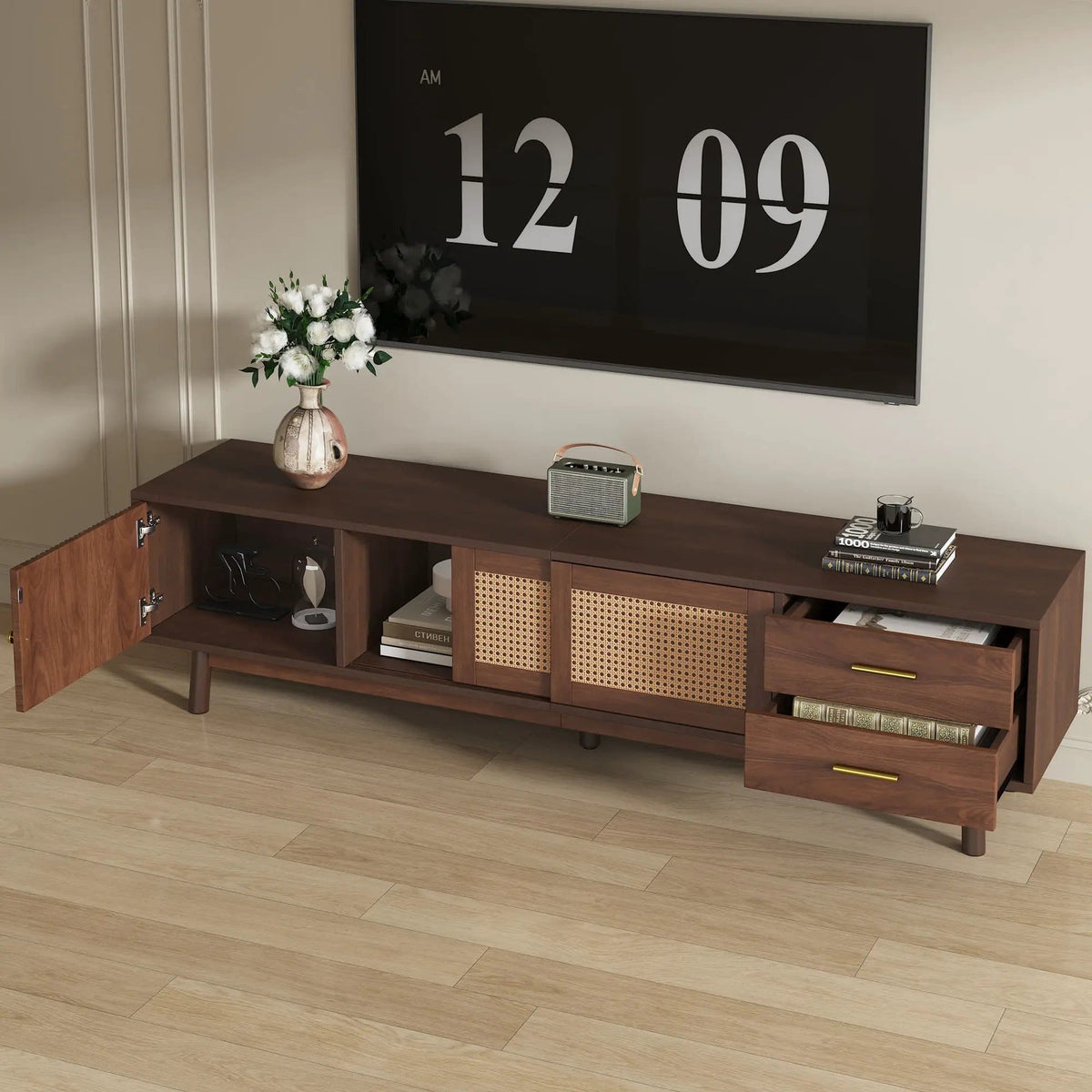 80 Inch TV Stand | Sliding Doors And Drawers | Interwoven Rattan Design | Metal Handles