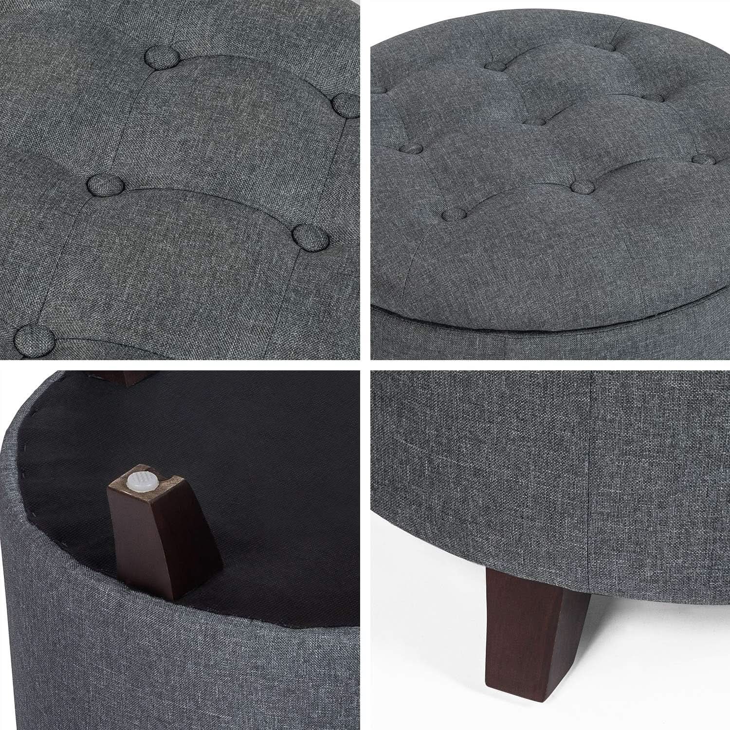 Gray Fabric Round Storage Ottoman With Button Tufting from PriceLows™