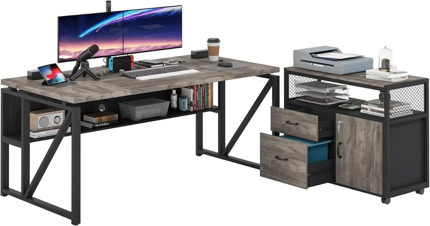 L Shaped Desk With Drawer Cabinet And Lateral File Cabinet 63 Inch Gray from PriceLows™