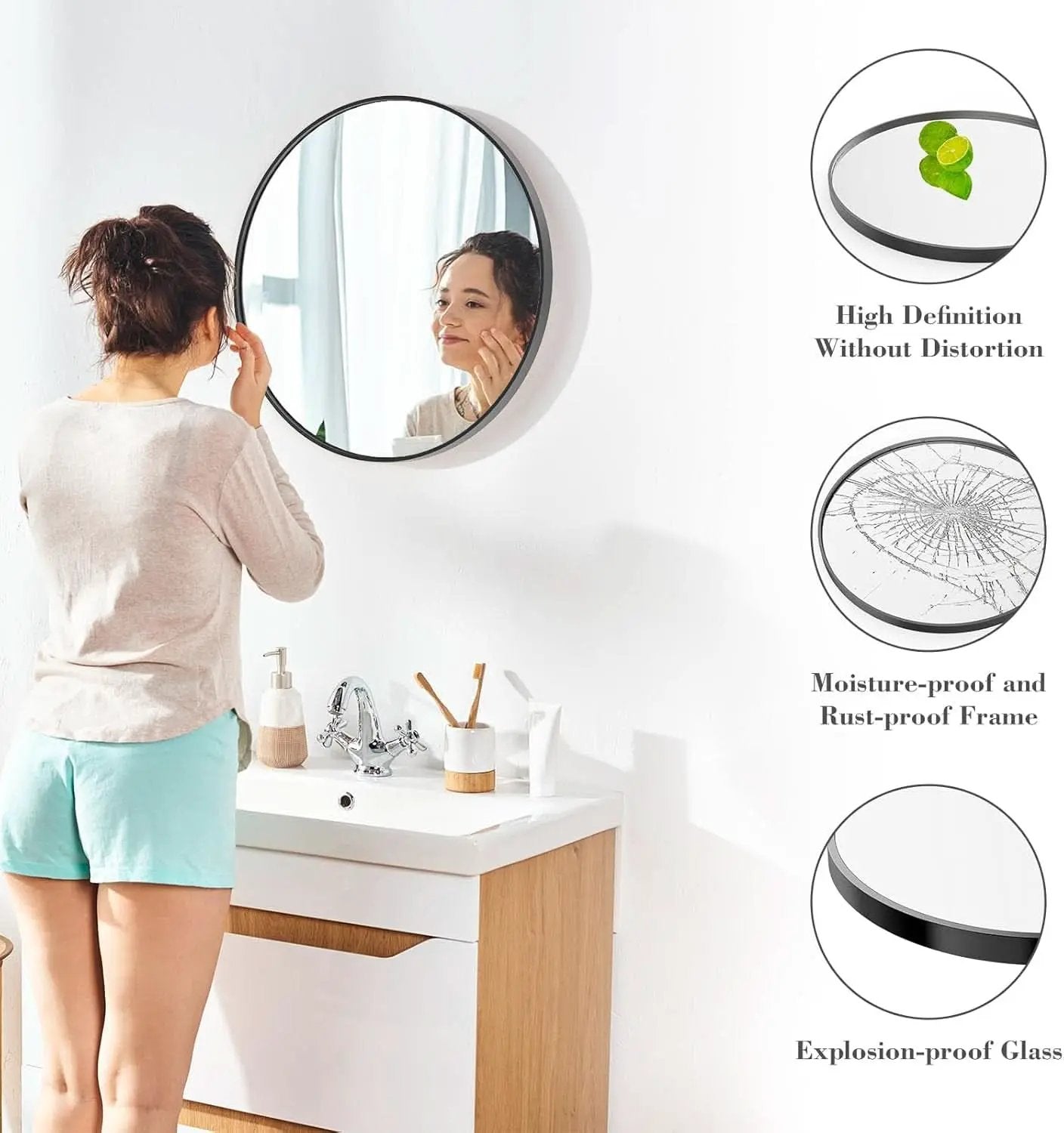 Black Round Wall Mirror 24 Inch Shatterproof Glass Bathroom from PriceLows™