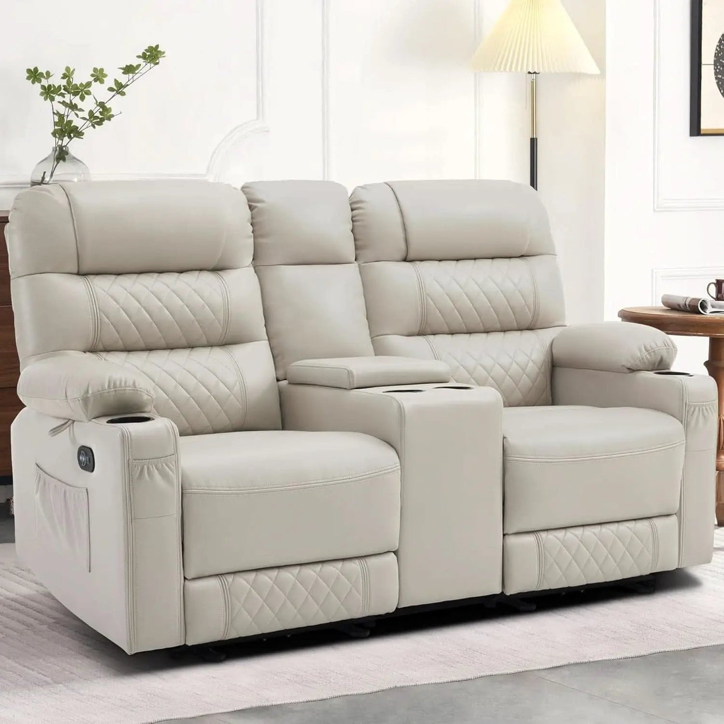 Power Recliner Loveseat With Console And Heat Vibration USB Light Grey from PriceLows™