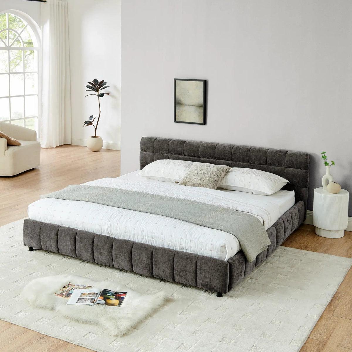 Modern Platform Storage Bed Frame | Thick Fabric Upholstery | Soft Headboard | Solid Construction