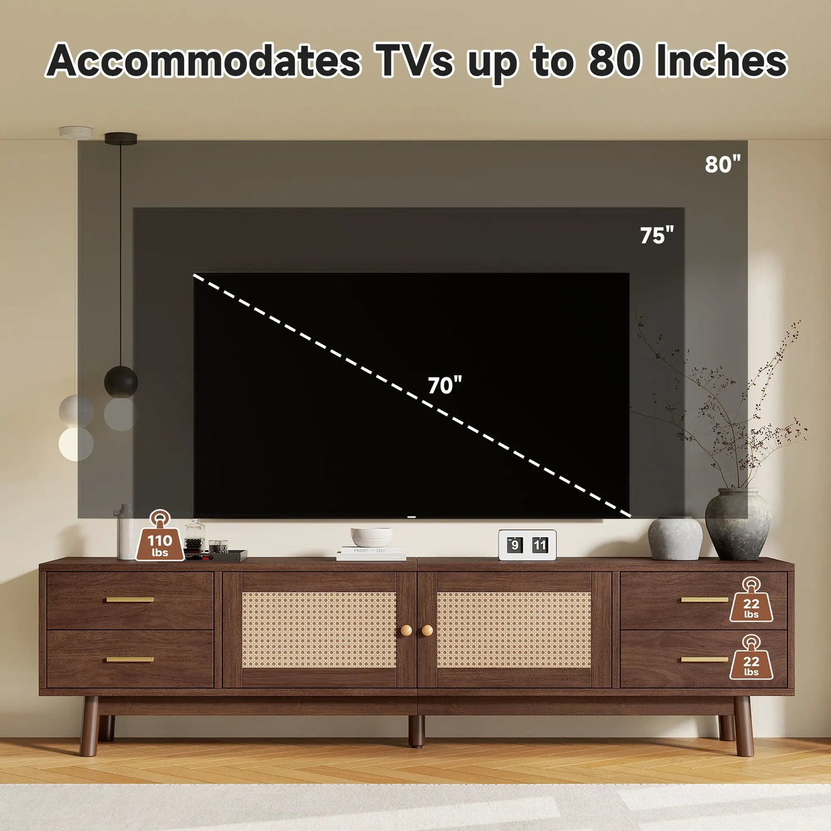 70 Inch TV Stand With Doors | Fits TVs Up To 80 Inch | 4 Drawers | Woven PE Rattan Doors