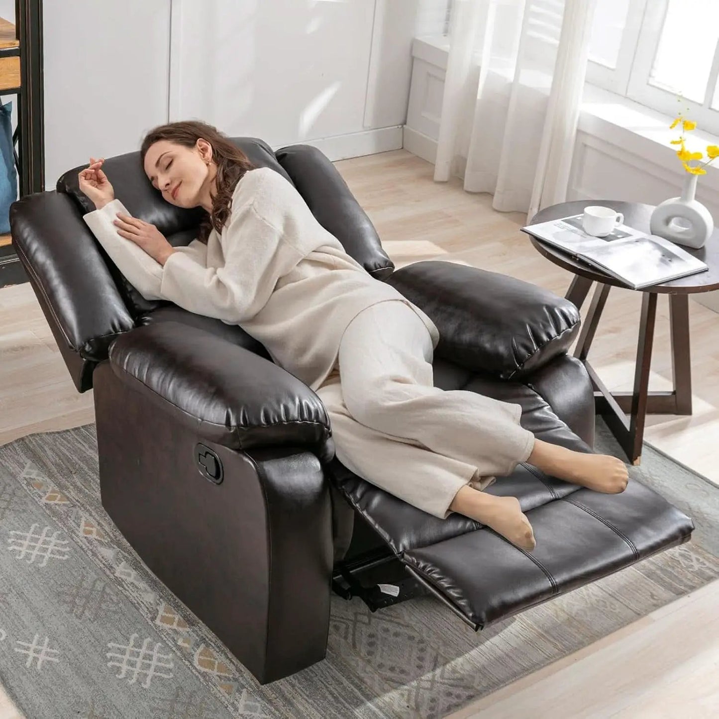 Manual Recliner Chair In Dark Brown Breathable Faux Leather from PriceLows™