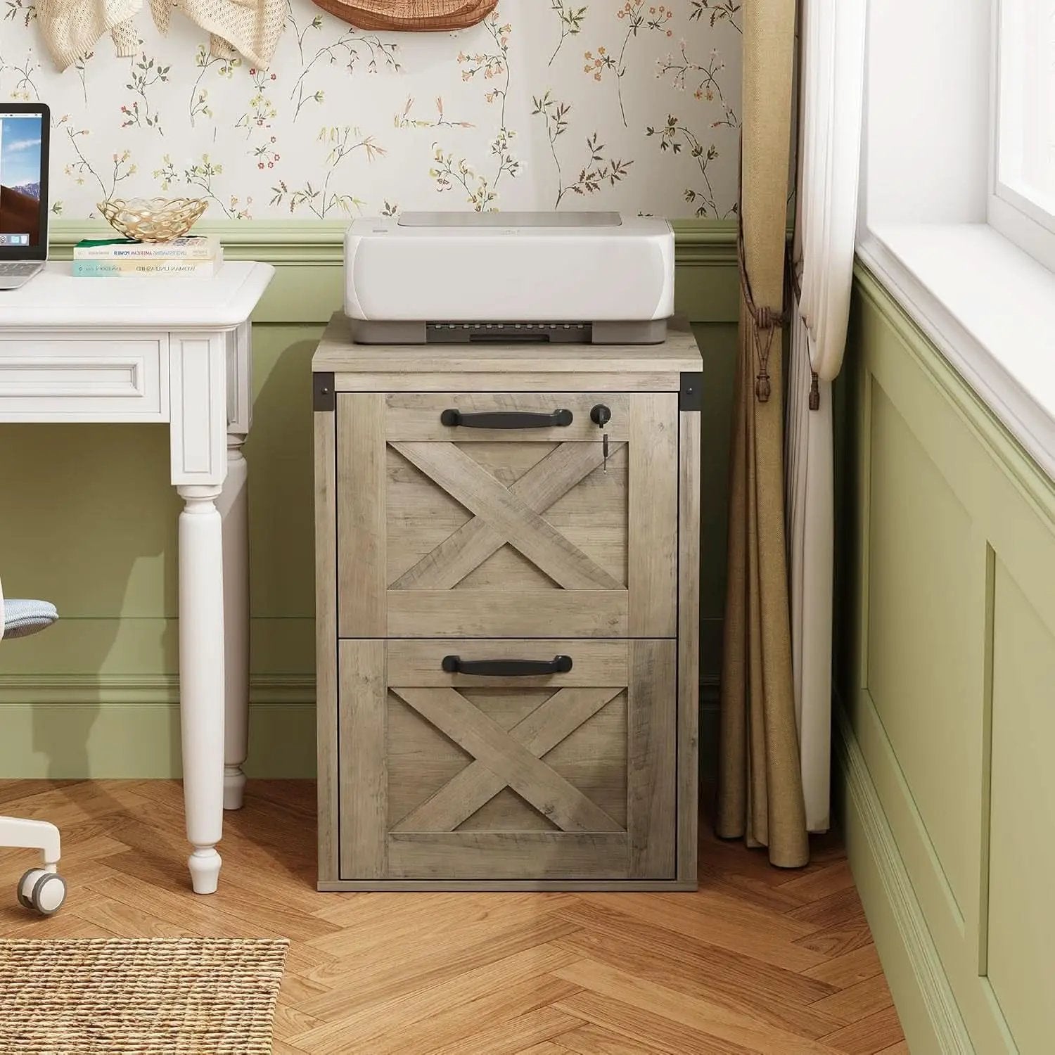 2 Drawer File Cabinet With Lock Gray Oak Farmhouse Home Office Printer Stand Fits Letter A4 from PriceLows™