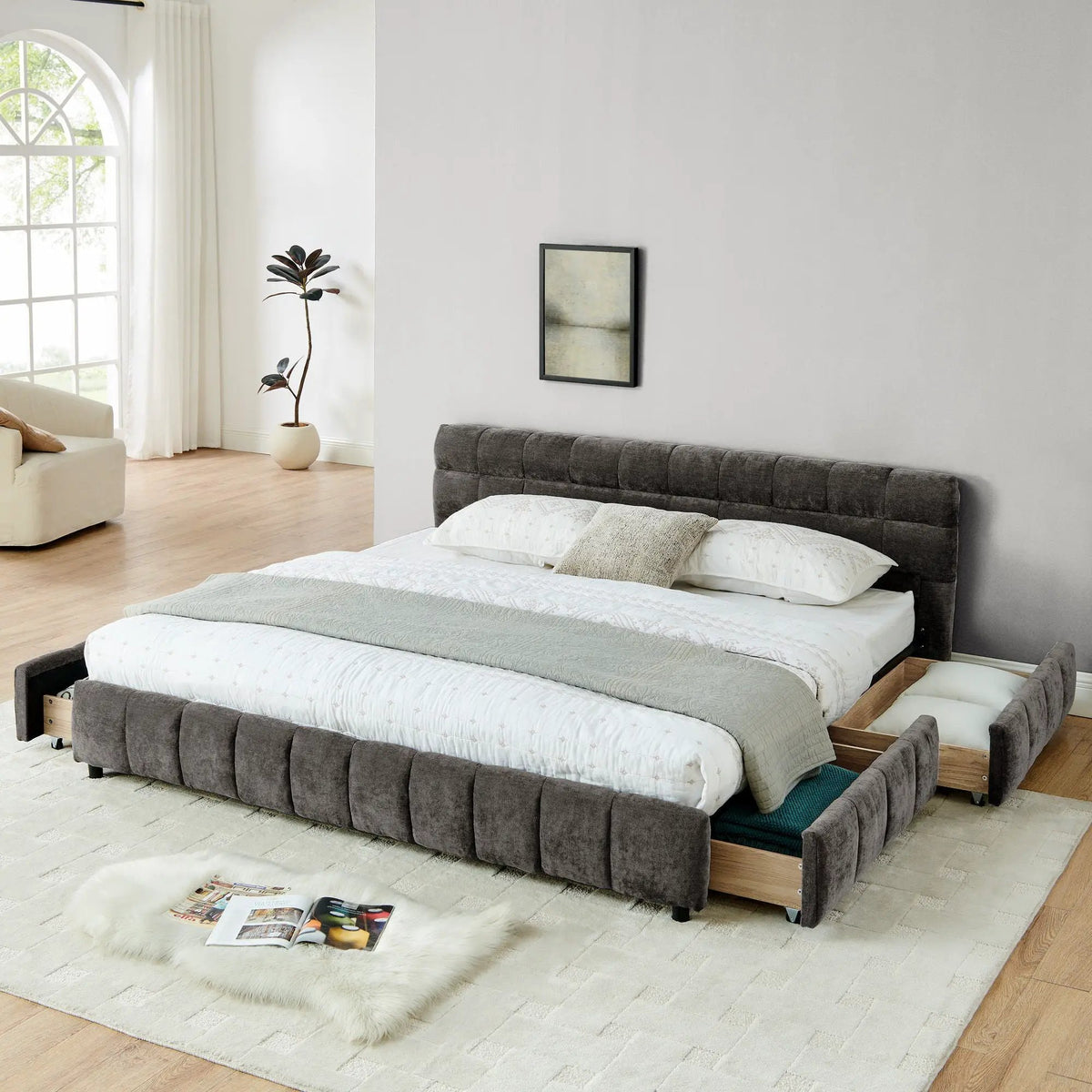 Modern Platform Storage Bed Frame | Thick Fabric Upholstery | Soft Headboard | Solid Construction
