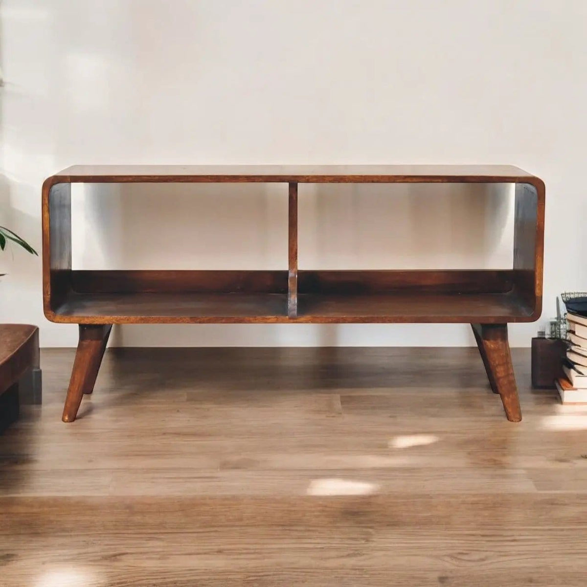 Curved Double Slot Media Unit - TV Stand | 39.37 x 13.78 x 19.69 in | Mango Wood | Dark Brown