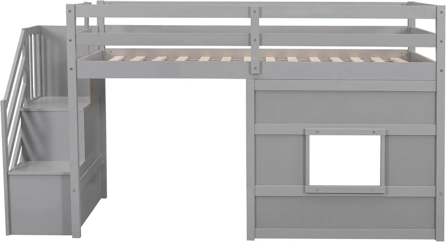 Twin Size Low Loft Bed In Gray With Stairs Storage from PriceLows™
