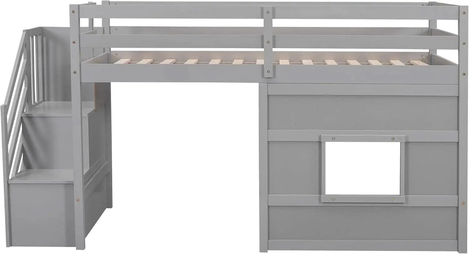 Twin Size Low Loft Bed In Gray With Stairs Storage from PriceLows™