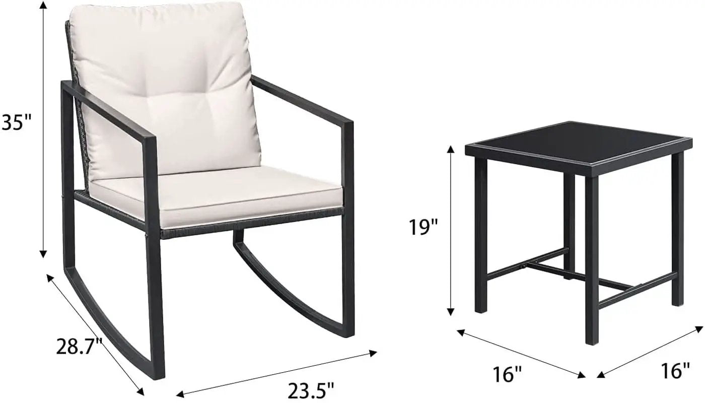 Beige 3 Piece Rocking Wicker Bistro Set With Glass Coffee Table For Patio Outdoor Furniture from PriceLows™