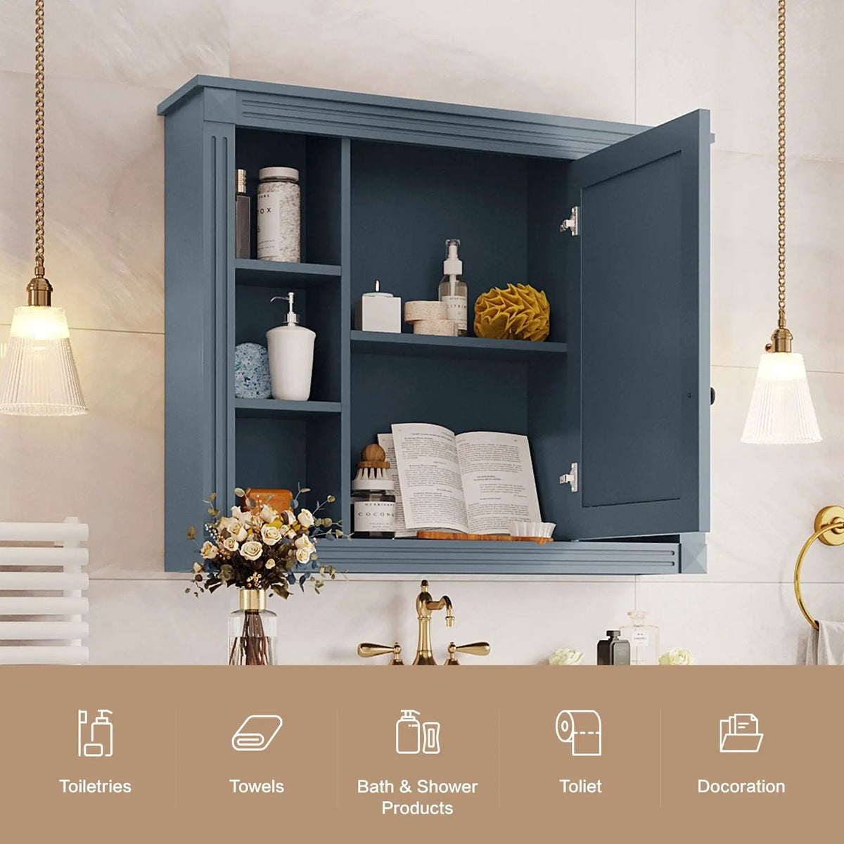 Bathroom Storage Cabinet With Mirror | 6 Open Shelves | Vintage Handle | Adjustable Interior