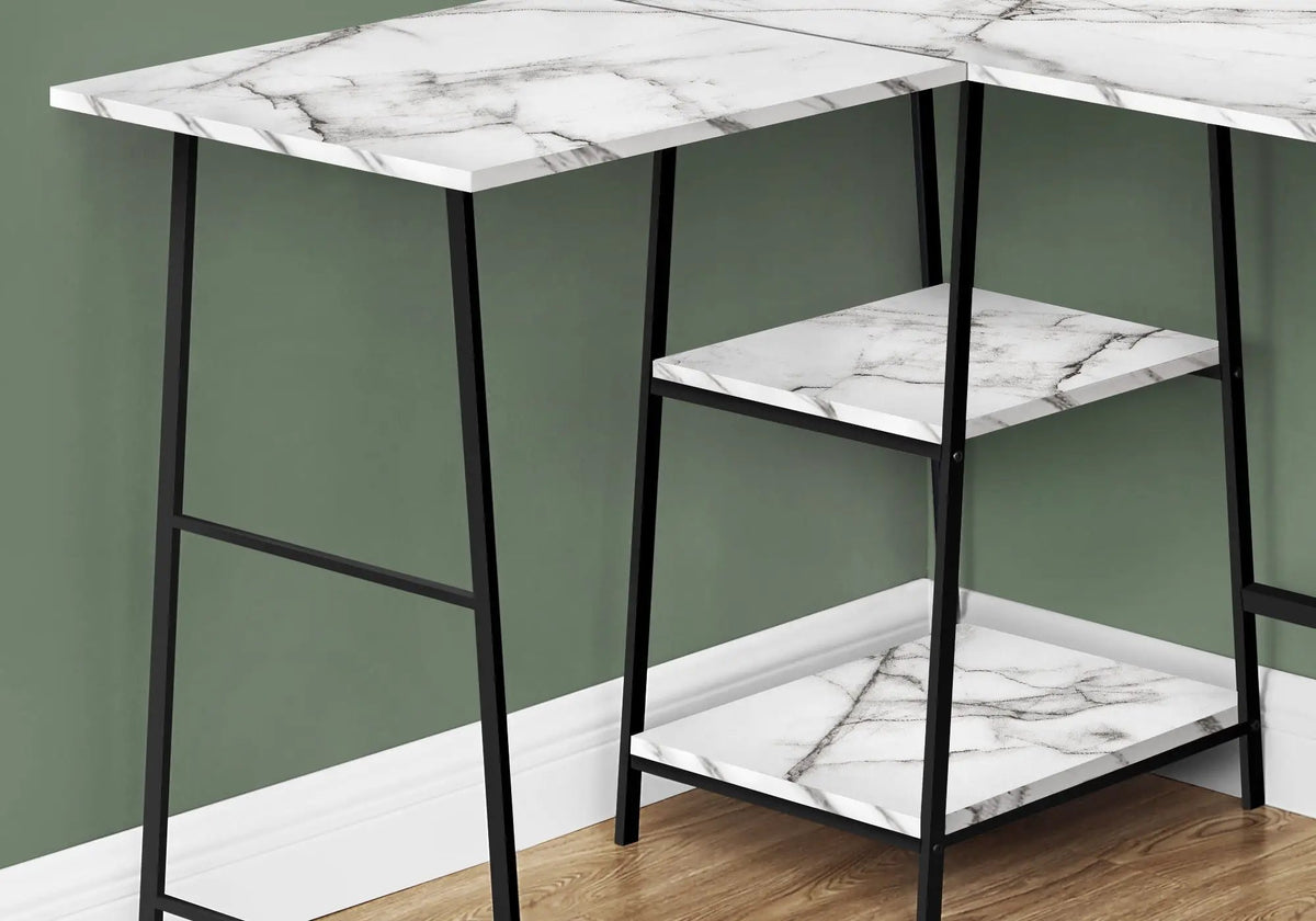 Marble Look L-Shaped Corner Desk | 47.25 Inch Width | 2 Open Shelves | Sawhorse Metal Legs