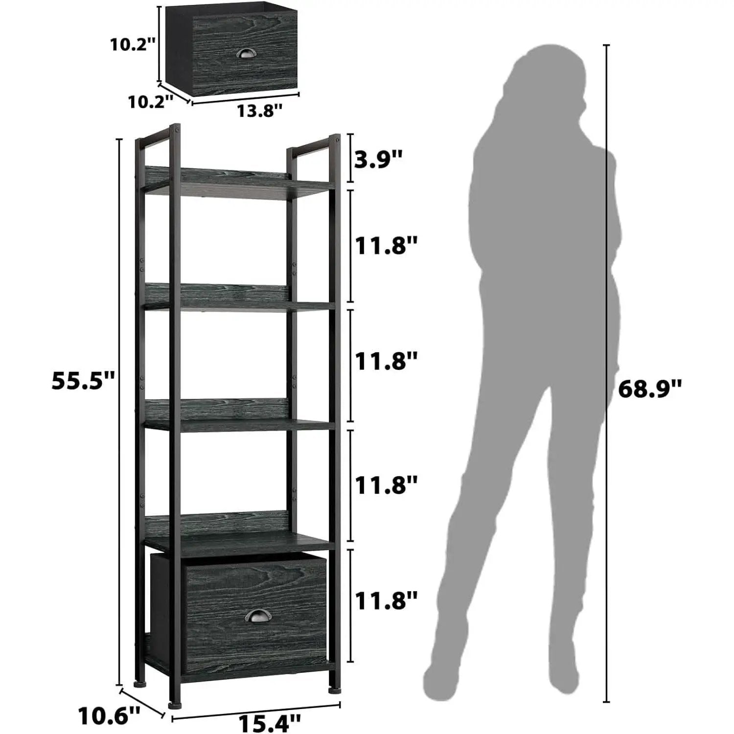 5 Tier Bookshelf With Drawer Black In Modern Rustic Style from PriceLows™