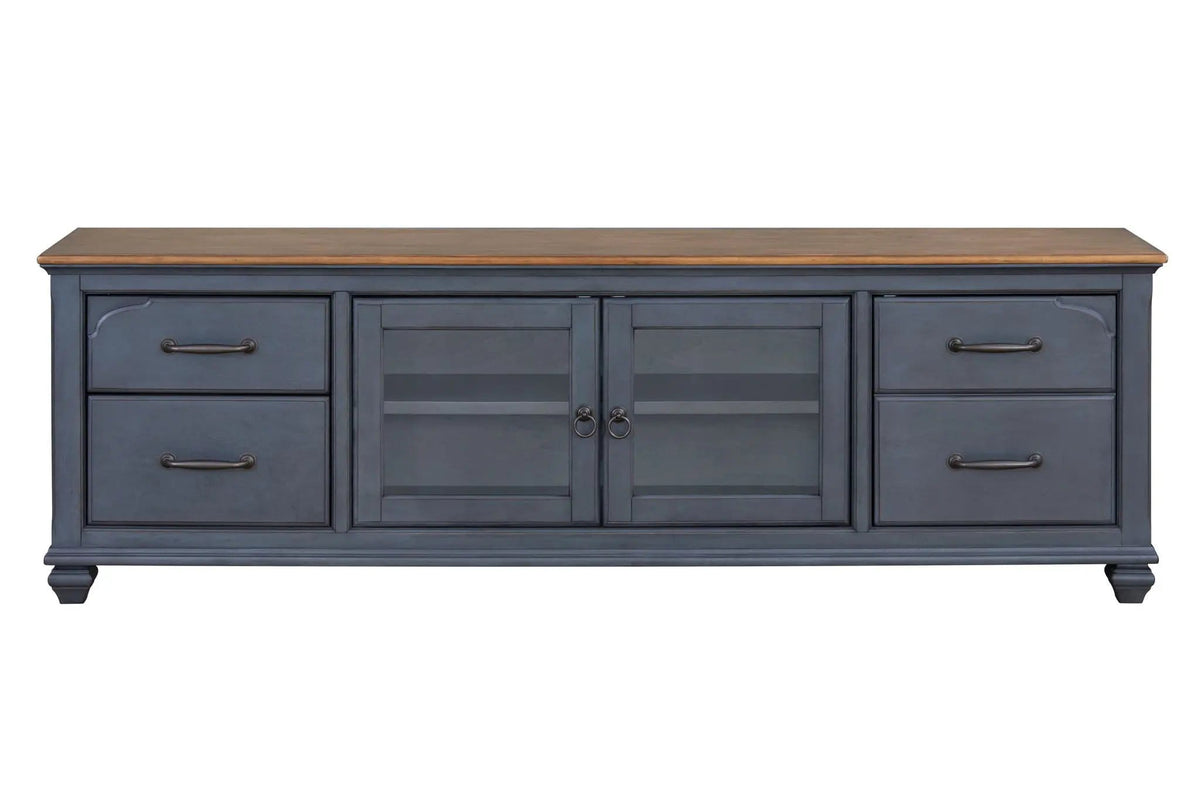 TV Stand For TVs Up To 90" - | 84 x 18 x 27 in | Glass & Wood | Blue