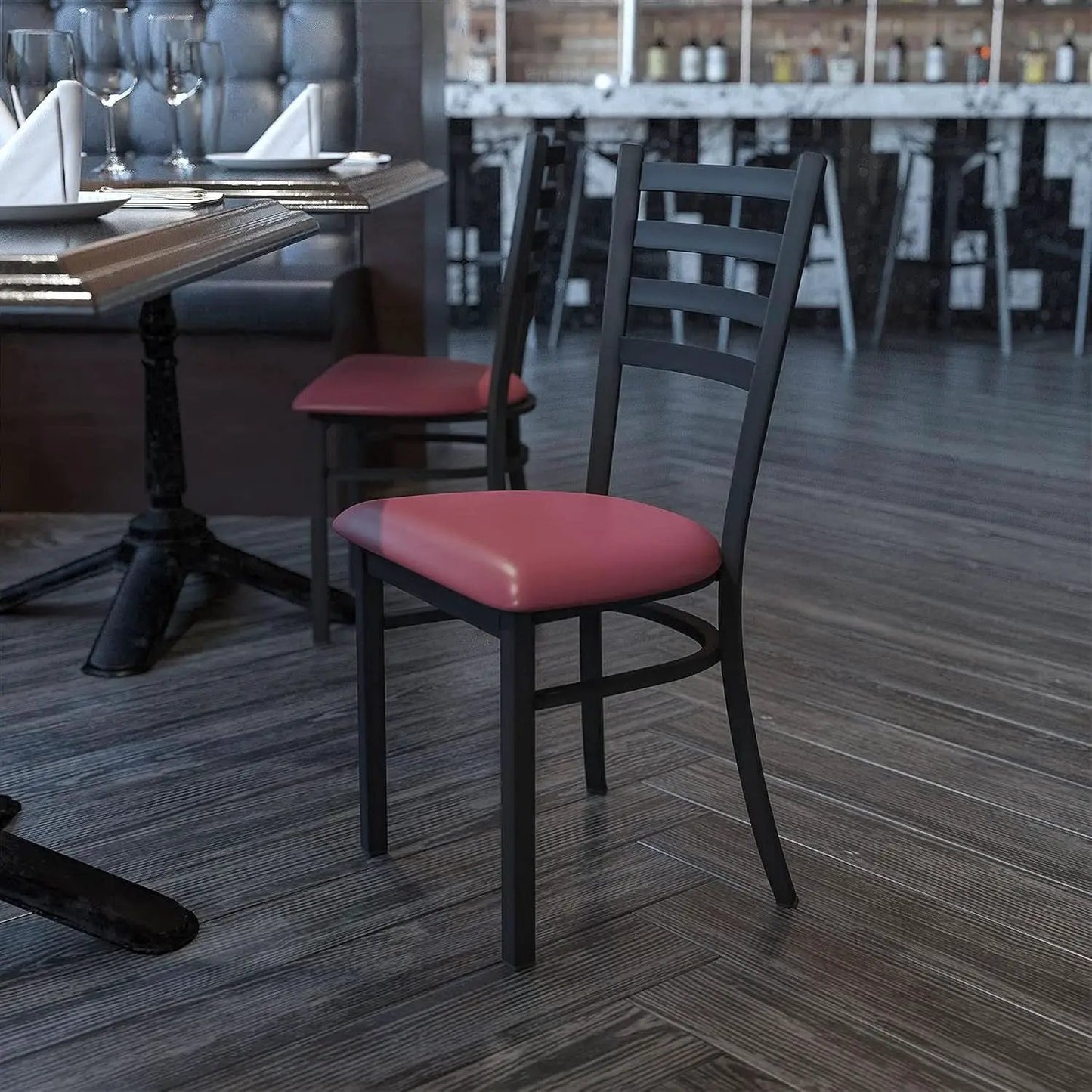 Hercules Black Ladder Back Metal Restaurant Chair Burgundy Vinyl Seat from PriceLows™