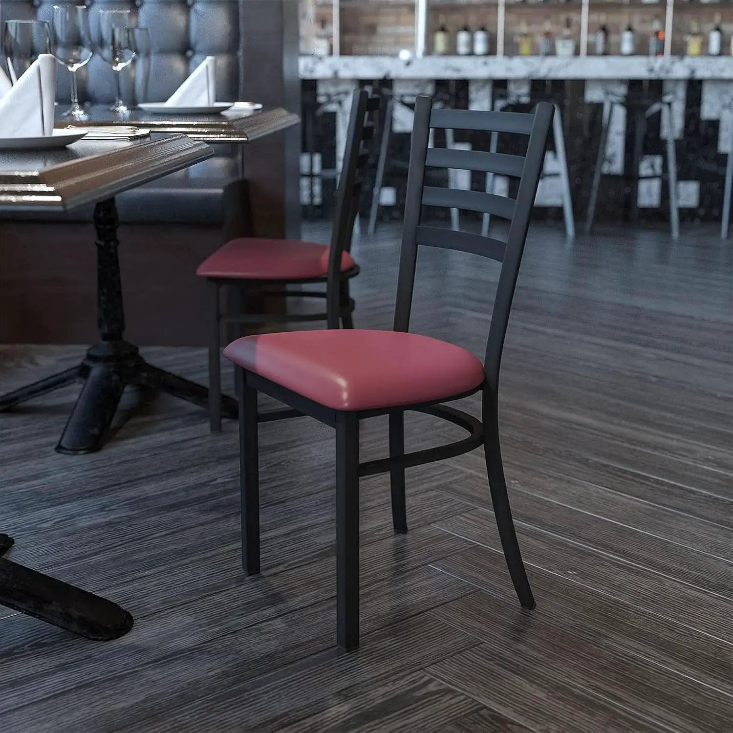 Hercules Black Ladder Back Metal Restaurant Chair Burgundy Vinyl Seat from PriceLows™