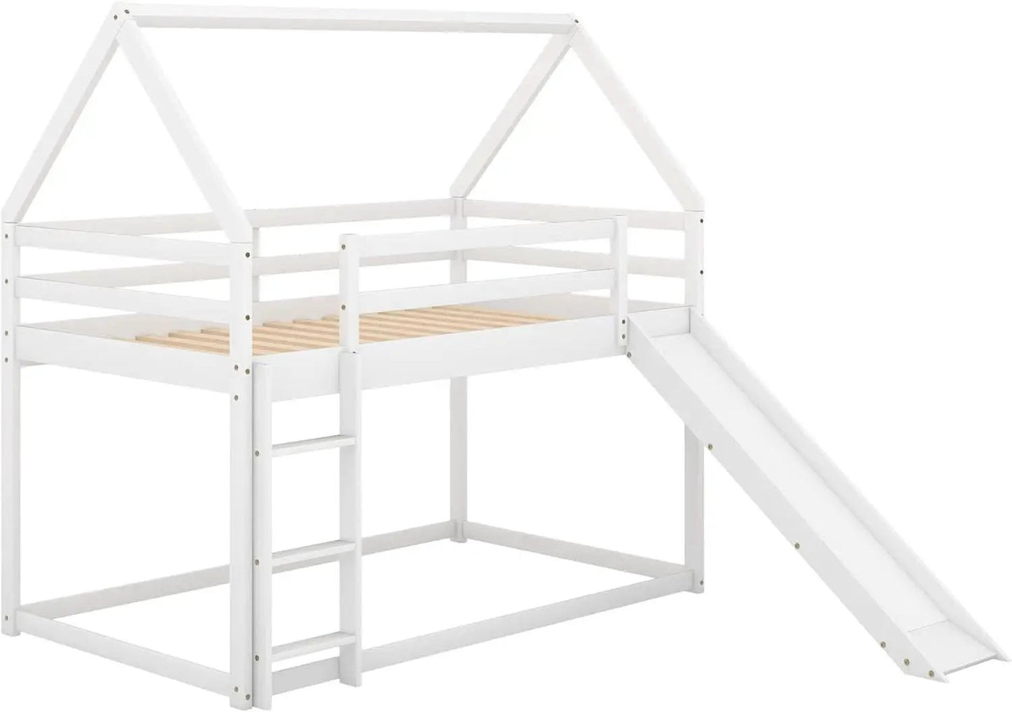 Twin Over Twin House Bunk Bed With Slide Solid Wood from PriceLows™