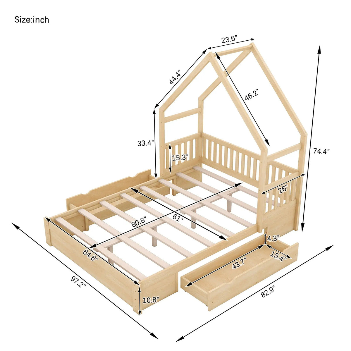 Platform Bed | Solid Pine Frame | Full Guardrail | 2 Drawers
