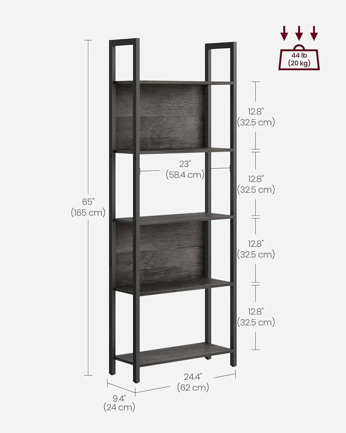 Five Tier Bookshelf With Steel Frame Charcoal Gray Black from PriceLows™