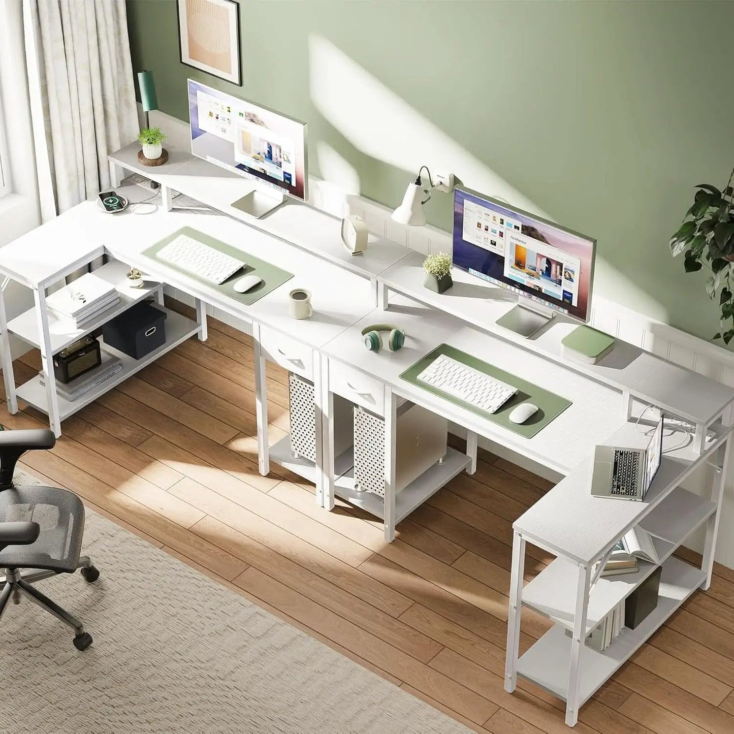 47 Inch White L Shaped Desk With LED Power Drawer Unit from PriceLows™
