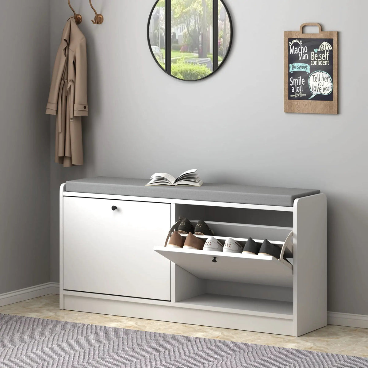 Shoe Storage Bench | Cushioned Seat | Adjustable Shelves | White