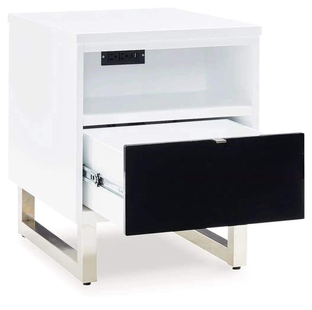 Chair Side End Table | USB Charging | Black Drawer | White Gloss Finish