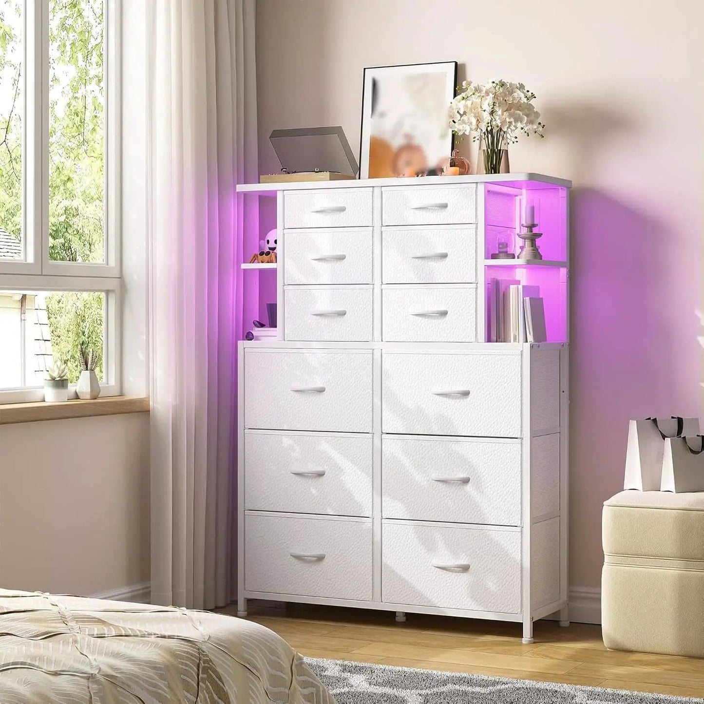 White Bedroom Dresser With LED Lights And 12 Deep Drawers from PriceLows™