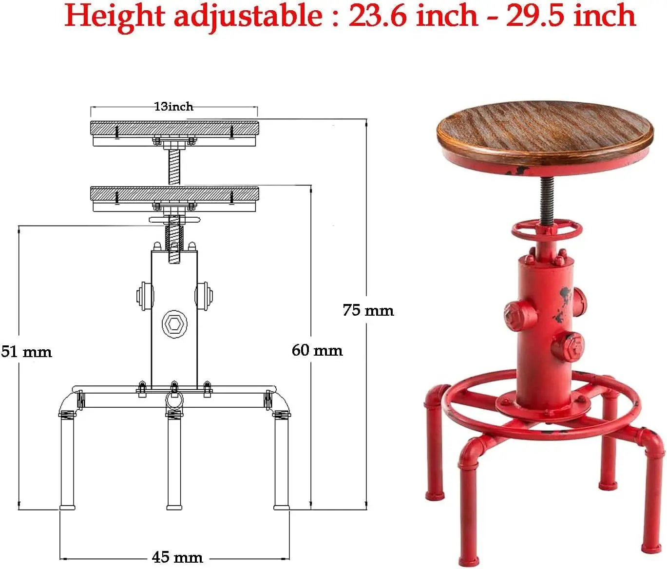 Antique Industrial Barstools Set With Adjustable Wooden Seats from PriceLows™