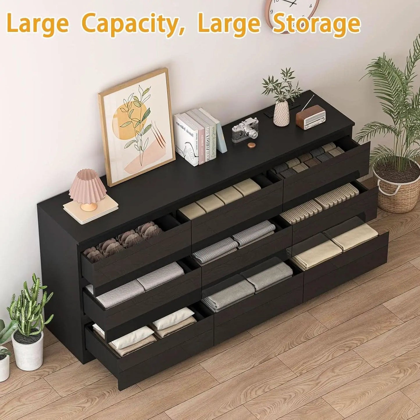 70 Inch Black Dresser With Built In Power Outlets Storage from PriceLows™