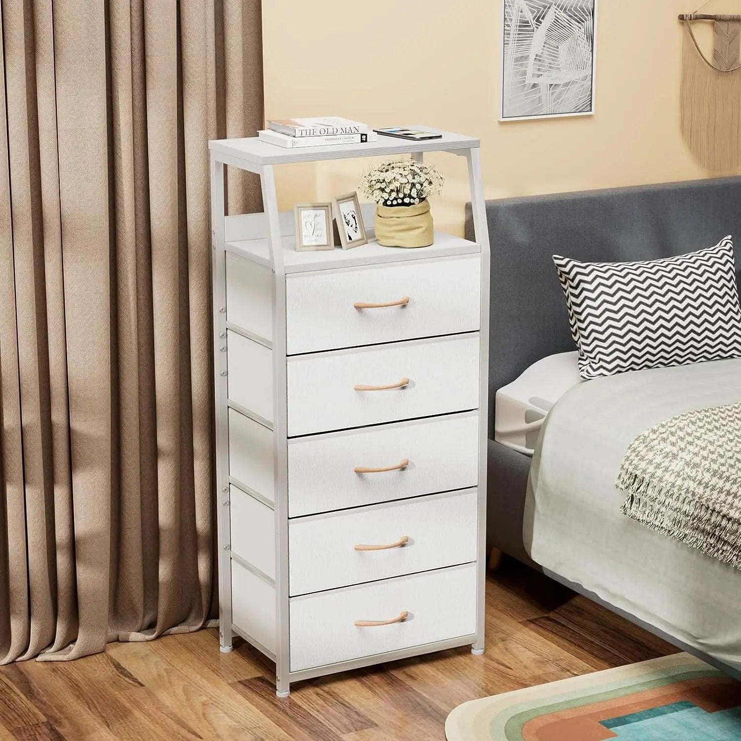 White Dresser With 5 Drawers And Wood Top Bedroom Storage from PriceLows™