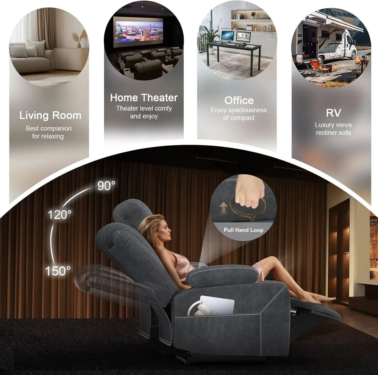 Grey Velvet 3 Seater Recliner Sofa With USB Ports Storage from PriceLows™