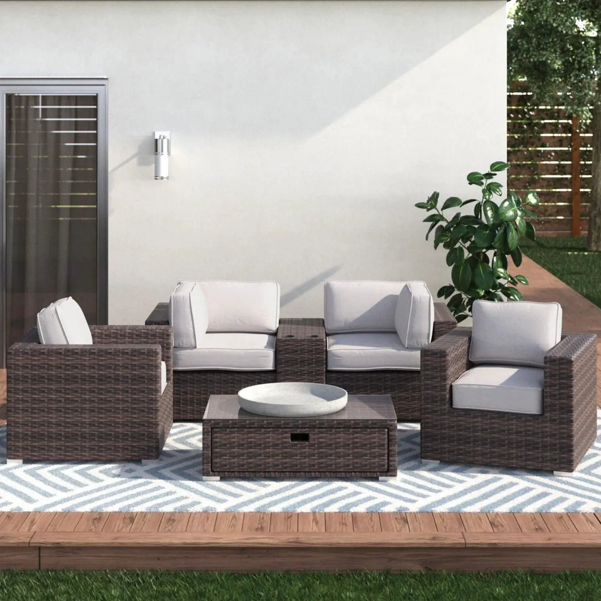 Wicker Seating Group Set | Table And Cushions Included | Aluminum Frames | Hand-Woven Wicker