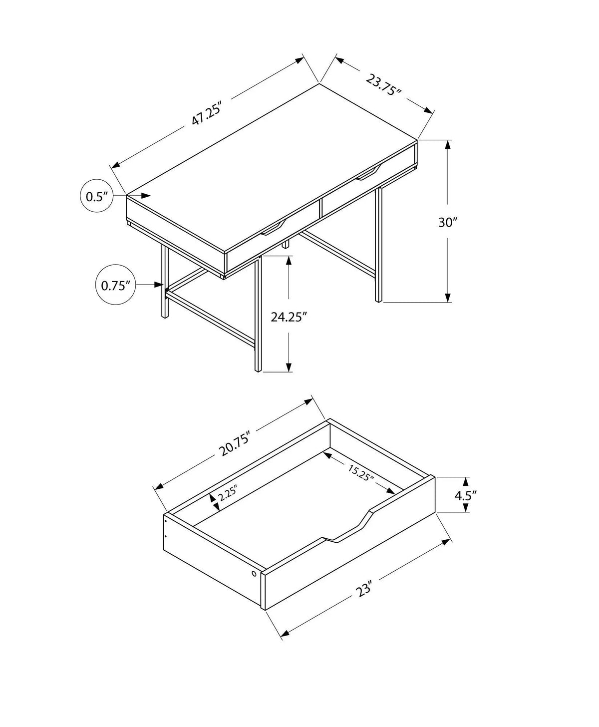 Stone-Look Computer Desk | Two Storage Drawers | Metal Base | 47.25 Inch Length