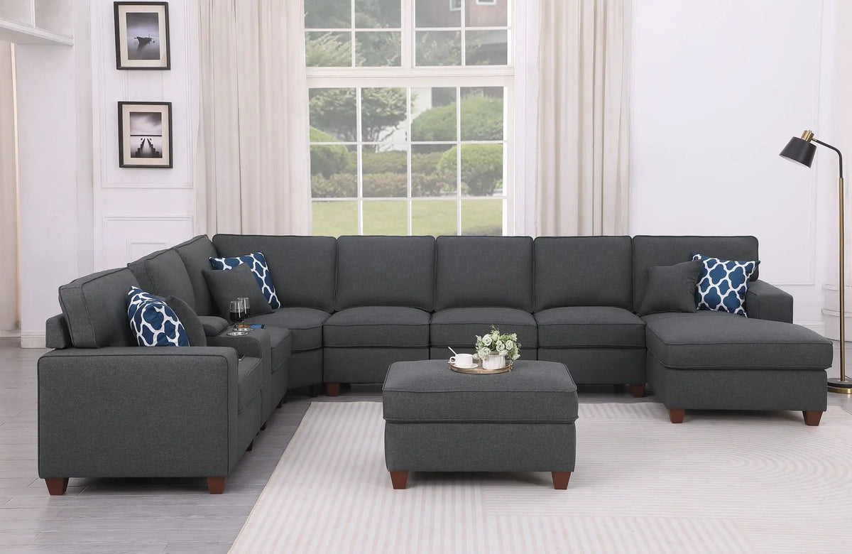 Eric 9-Piece Sectional | Upholstered Design | Ottoman Included | Cupholder Console
