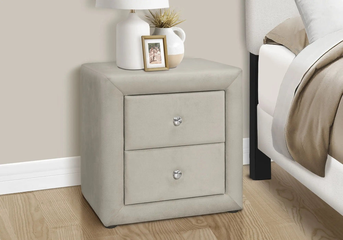 Upholstered Nightstand | Transitional Style | Two Storage Drawers | Metal Drawer Knobs