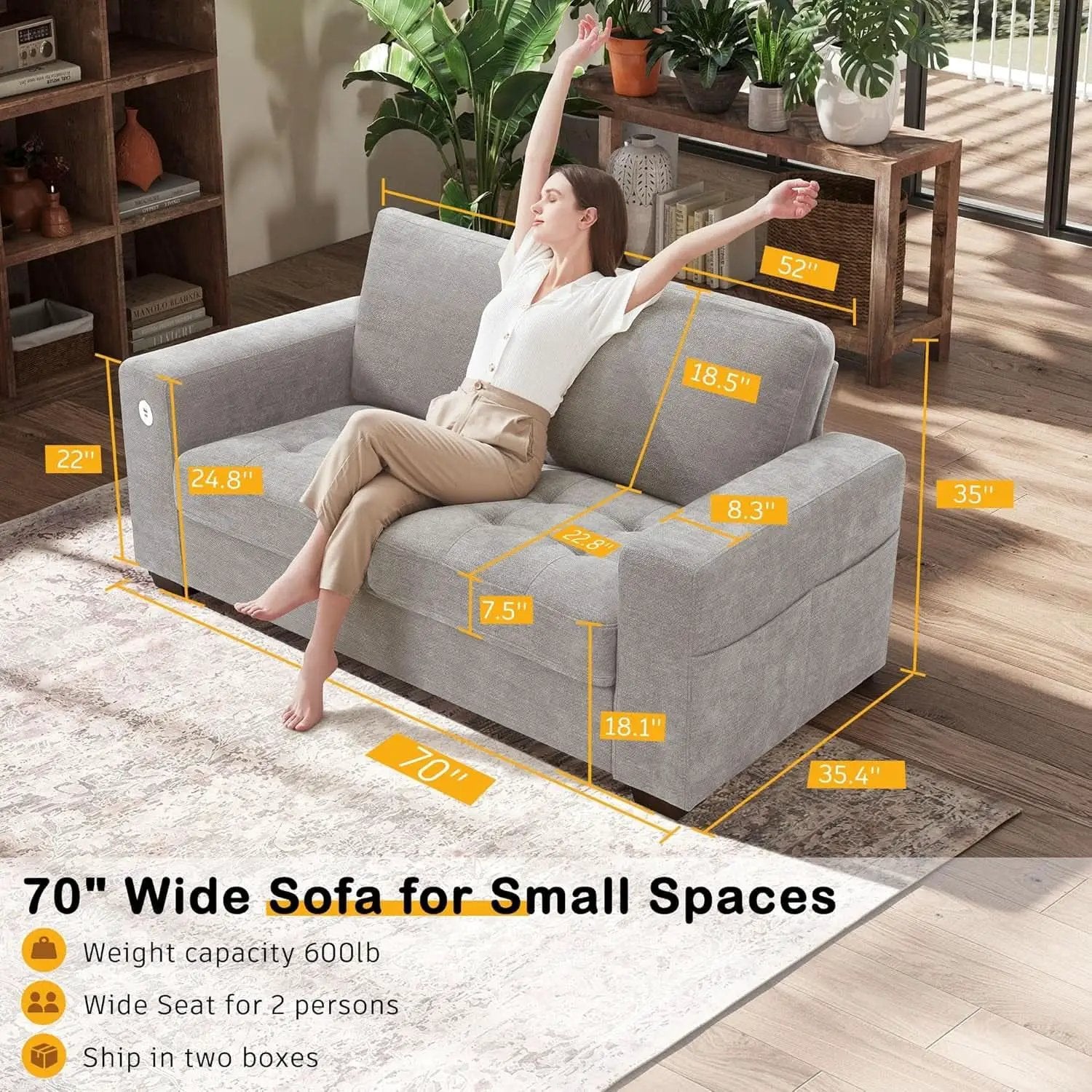 70 Inch Gray Chenille Loveseat With USB C Ports And Plush Cushions from PriceLows™